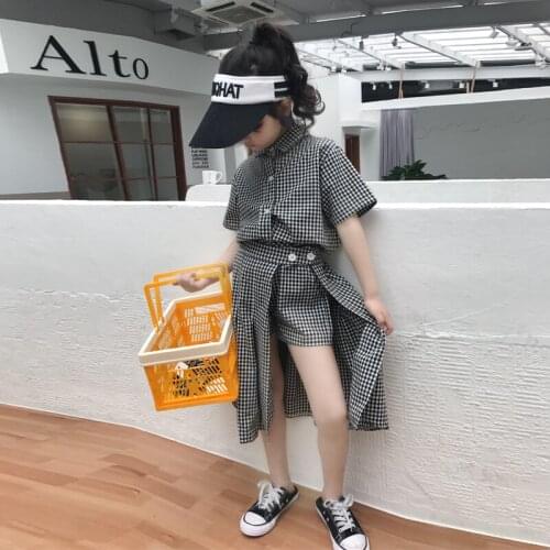 Baby girl cotton suit 2019 summer hot new childrens plaid short-sleeved shirt shorts skirt can be worn in three sets of tides