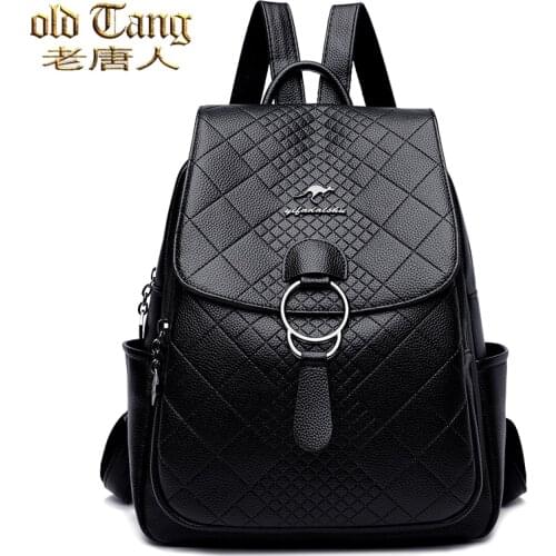 OLD TANG Fashion School Backpack High Quality Leather Bags For Women 2021 Large Capacity Travel Diamond Lattice Bag Mochilas