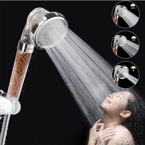 Shower Bath Head Adjustable 3 Mode High Pressure Stone Stream Handheld Shower Head With Negative Ion Activated Ceramic Balls