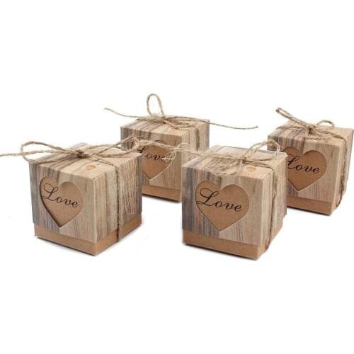 Rustic Candy Boxes,50pcs Wedding Favor Boxes,Love Kraft Bonbonniere Paper Gift Boxes with Burlap Jute Twine for Bridal Shower