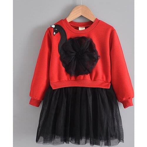 Girls Casual Dress 2021 Spring Autumn Children Costumes Cute Cartoon Swan Outfit Long Sleeve Patchwork Dresses Girl Clothes 3-7T