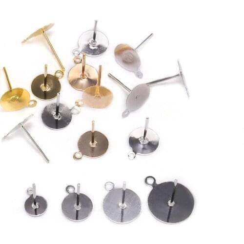 200pcs/lot 6/8/10/12 mm Gold Stud Earring Blank Base Fit Cabochon Cameo Settings Ear Post Earring For DIY Jewelry Making