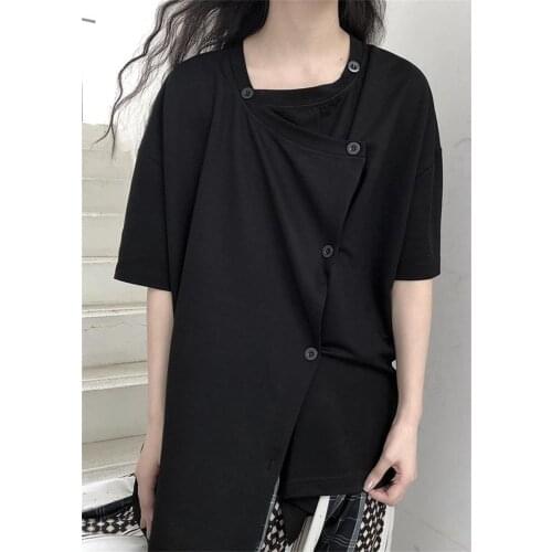 Large size design small crowd double row button T-shirt summer 2021 Black Loose chic short sleeve top