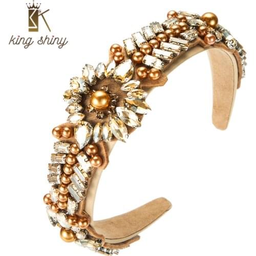 King Shiny Baroque Geometric Crystal Headband for Woman Luxury Color Imitation Pearl Beaded Hairband Girl Party Hair Accessories