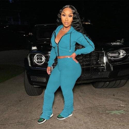 Streetwear Workout Womens Tracksuit Zipper Drawstring Long Sleeve Crop Top and Stacked Jogger Pant Casual Fall Two Piece Sets