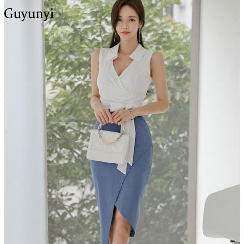 Solid Stitching Office Dress Sleeveless Sexy V-Neck High Waist Asymmetrical Slim-fit Split Elegant Party Womens Dresses