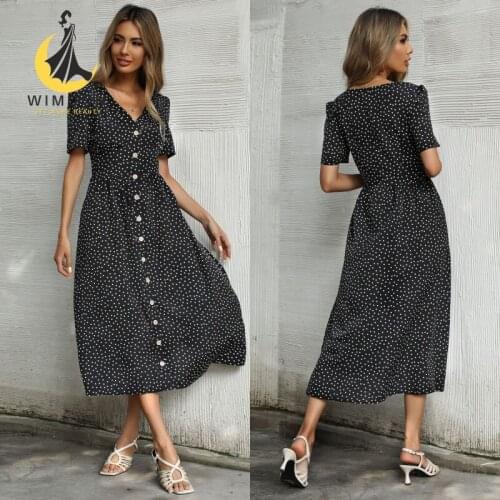 2021 Summer New Fashion Trend Wave Point V-neck Short Sleeve Shirt Single Breasted Medium Length Skirt Swing Dress for Women