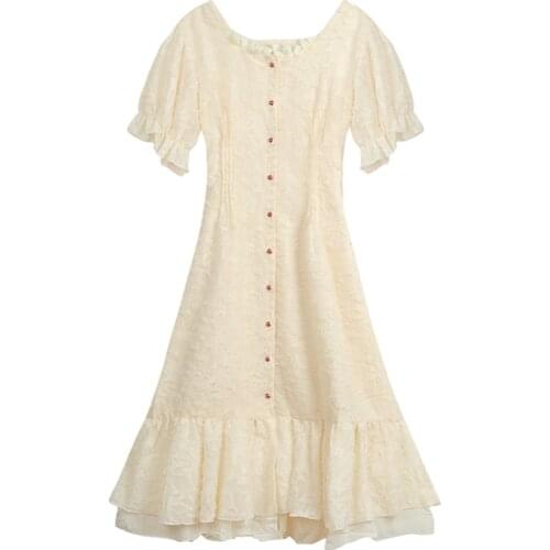 PERHAPS U Women Puff Sleeve Short Sleeve A-line Knee Length Dress Summer Yellow Solid Bow Slash Neck Button D1994