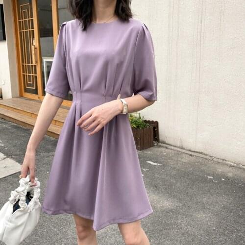 2020 Short Sleeve Summer Fashion Midi Purple Color Elegant Women Slim Waist Casual Dress Vestidos