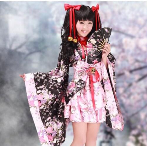 Free Shipping Cherry Blossoms Women Traditional Japanese Kimono Lolita Dress Cosplay Costume 2 colors