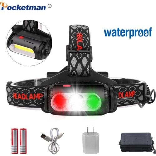 10000LM Headlight USB Rechargeable Headlamp XPE+COB Head Light Red Green White Lighting 7 Modes Head Torch T6 Head Lamp Fish