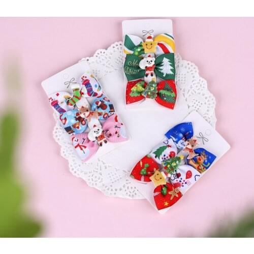 30sets/lot Christmas hair bowknot clip grosgrain ribbon side clips Xmas design wholesale