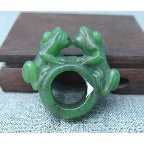 60mm Chinese Xinjiang 100% Hetian Green Jade Jadeite Hand-carved frog Ring Rings