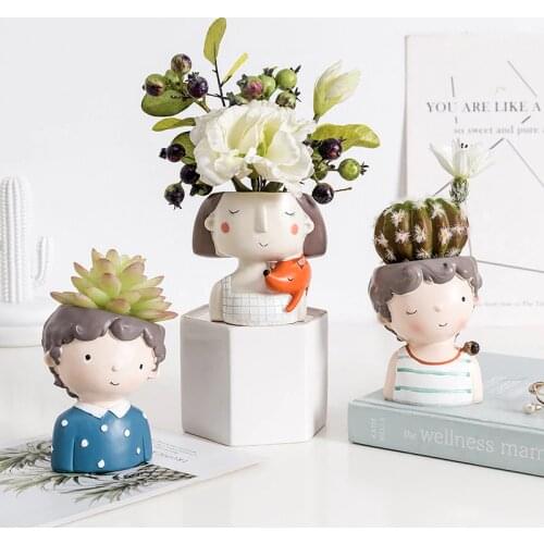 Succulent Planter Portrait Flowerpot Cute Girl Boy Animal Shaped Flower Pot Ornament Home Garden Office Desktop Decoration Gifts