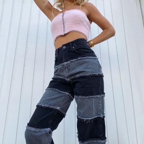 SEASONS Patchwork Wide Leg Pants Jeans Women Zipper Pockets Mid Waist Oversize Black/Blue Denim Trousers Autumn Casual ASPA81919