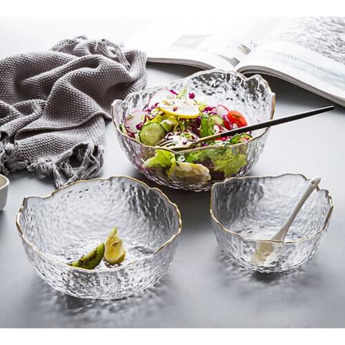 Elegant Tablewares Irregular Gold Inlay Edge Glass Salad Bowl Food Storage Container Fruit Rice Serving Bowls Decoration Nordic