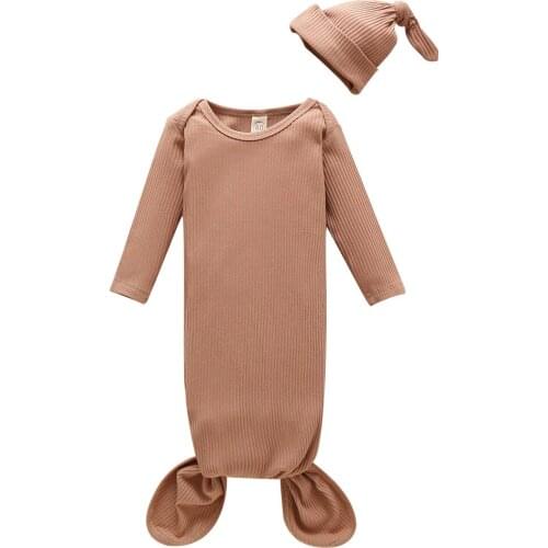 0-3M Newborn Baby Boy Girl Solid Color Long Sleeve Cotton Sleeping Bags Hat 2PCS Sleepwear Blanket Clothes