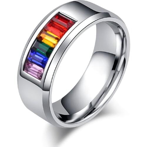 JHSL Unisex Women Men Solid Colorful Cubic Zirconia Rainbow Rings Stainless Steel Fashion Jewelry Big Size 5 6 7 8 9 10 11 12