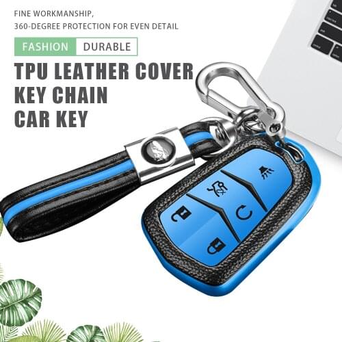 Leather TPU Car Key Cover Case Key Chain Ring for Cadillac ATS CT6 CTS DTS XT5 Escalade ESV SRX STS XTS ELR 2014-2021 Protector