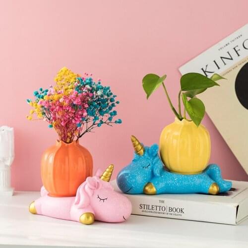 Creative Unicorn Ceramic Ornament Green Pineapple Hydroponic Dried Flowers Arrangement Flower Vases Home Decoration Accessories
