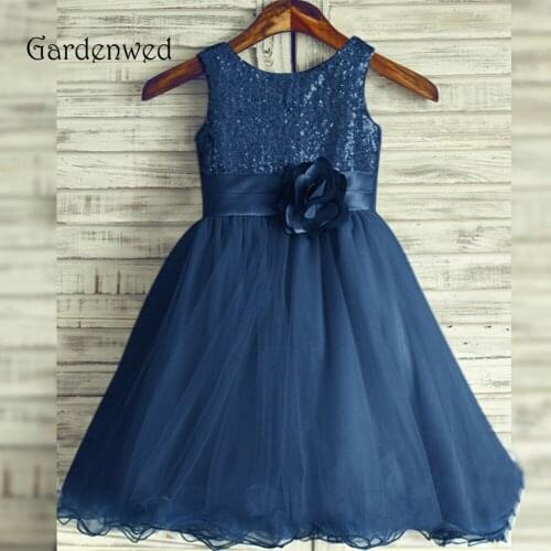 Sequin Lace Bodice Blue Flower Girl Dress 2019 Sleeveless Tulle A line Flowers Belt Child Pageant Dress Girl Wedding Princess