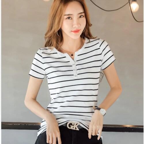 GGRIGHT Summer Knitted V-Neck T-Shirt Women Cotton Basic Button Tee Shirt Female Short Sleeve Stripe Tops Harajuku Tshirt Ladies
