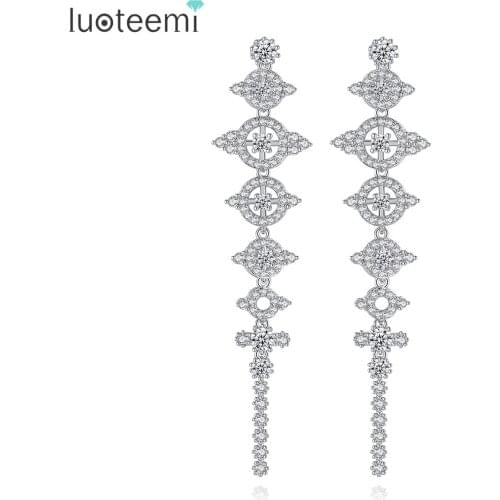 LUOTEEMI White Gold Color Bridal Dangling Long Chandelier Earrings For Women Art Deco Pendant Brincos Fashion Jewellery