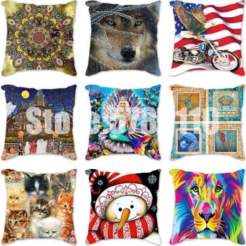 Cushion Cover Linen Throw Pillow Car Home Decoration Tortoise Hummingbird Tiger Snowman Cat Landscape chicken child Pillowcase