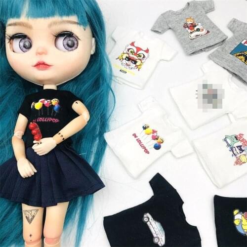 New 1PCS Cute Cartoon Pattern T-Shirt White/Black/Pink Tops for Blyth Licca 1/6 Dolls Accessories