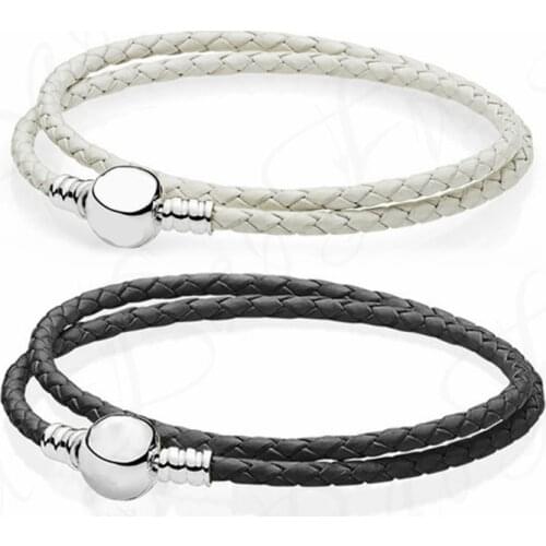 Baofu New Original 925 Sterling Silver Bracelet White Leather And Black Signature Suitable For Ladies Bracelet DIY Jewelry