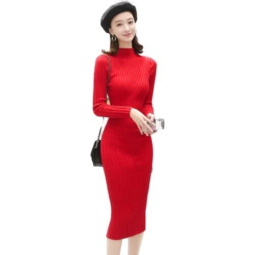 Autumn Winter Women' Clothing Dress Female Elasticity Long sleeve Tight Knitting Shirt Slim Sweater Wrapped Hip Skirt inside A45