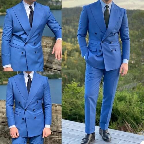 Wide Peaked Designs Blue Suits Man African Attire Groom Tuxedo Masculino Man Outfit Homecoming Party Two Piece Costume
