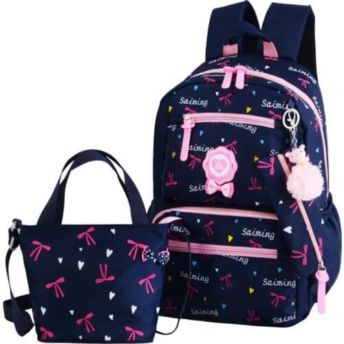 Lovely Bow Prints Elementary School Bag Bookbag for Girls Primary Backpack Sets with Pencil Case and Shoulder Bag Mochila