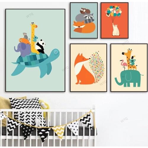 WTQ Canvas Painting Cute Koala Sloth Fox Elephant Raccoon Wall Art Nordic Posters Prints Cartoon Wall Pictures Kids Room Decor