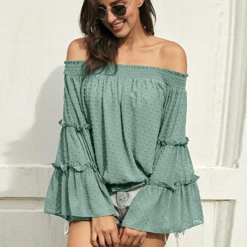 Womens Sexy Blouses Summer Chiffon Top One Shoulder Ruffle Long Sleeve Shirts Ladies Loose Tops Casual Women Blouses Shirts