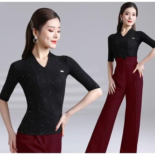 WomenS V-Neck Bodysuits Shaping Close-Fitting Black Three-Quarter Sleeves Modern Dance Tops Female Ballroom Dance Wear DQS7900