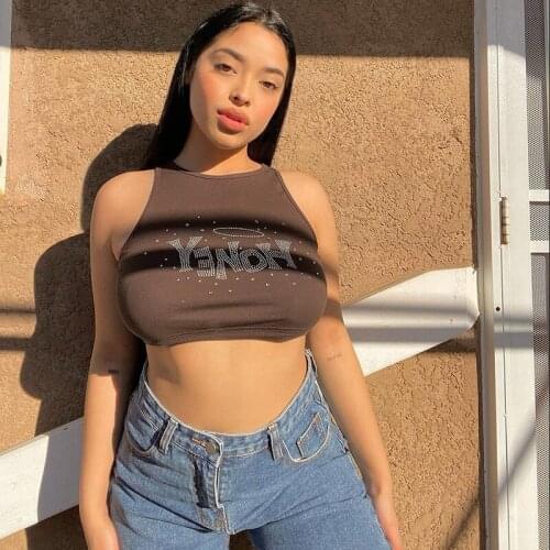 Womens Casual Tank Tops Shiny Rhinestone Letter Print Sleeveless Crew Neck Slim Fit Crop Tops