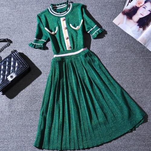 2020 Summer knitted dress women retro high waist short sleeve slim sequined sweater pleated dress