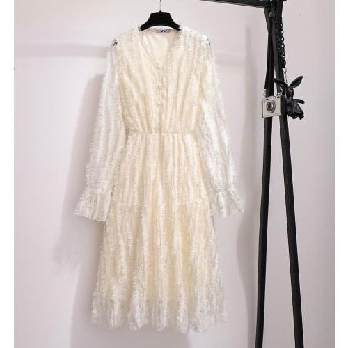 Spring Fall O-Neck Mid-Calf High Waist Dress Big Plus Size Solid Lace Elegant Office Ladies Tunic Pleated Women Clothing