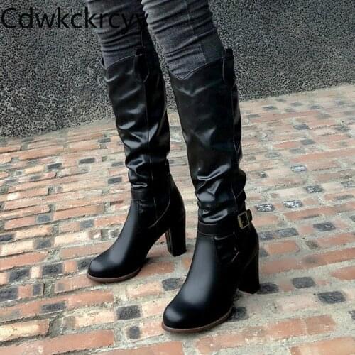Winter The New fashion Round head Thick heel Martin boots black Handsome Plus velvet Keep warm High heel Women boots size 34-46