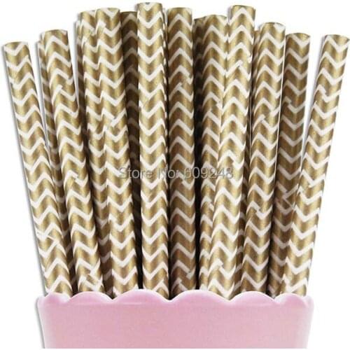 100pcs Mixed Colors Printed Gold Chevron Paper Straws, Cheap Vintage Decorative Party Metallic Paper Drinking Straws Wedding