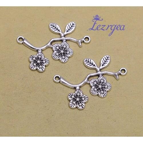 25pcs/lot--31x28mm,flower cham, Antique silver plated flower branch charms,DIY supplies,Jewelry accessories