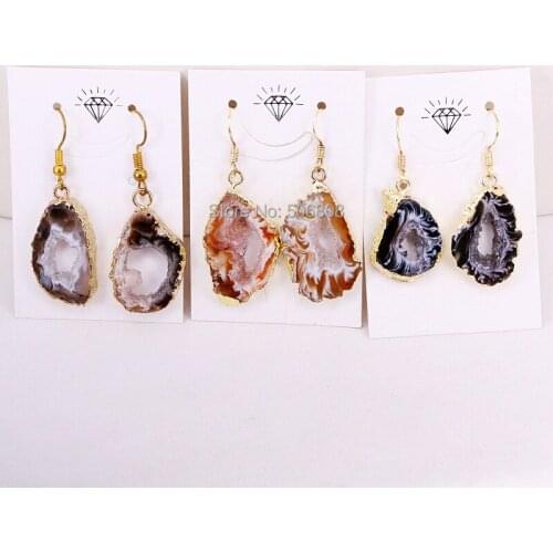 3Pairs ZYZ308-1093 Natural Geode Slice Earrings Gold Electroplated Quartz Stone Dangle Earrings Bohemian Jewelry