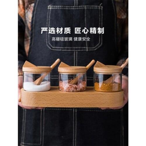 Spice Jar with Wooden Spoon Kitchen Accessories Glass Herb Spice Tools Seasoning Box Salt Pepper Storage Container Spice Jar Set
