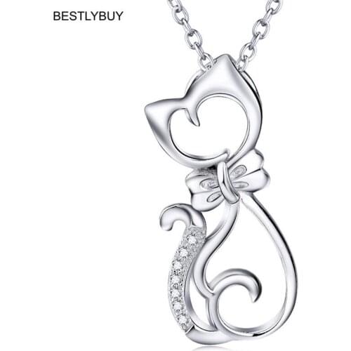 BESTLYBUY High Quality Genuine 925 Sterling Silver Lovely Cat Long Tail Necklaces & Pendants S925 Fine Jewelry Free Shipping