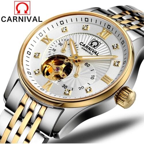 CARNIVAL Fashion Brand Gold Automatic Watch Men Luxury Waterproof Luminous Hollow Casual Mechanical Wristwatch Relogio Masculino