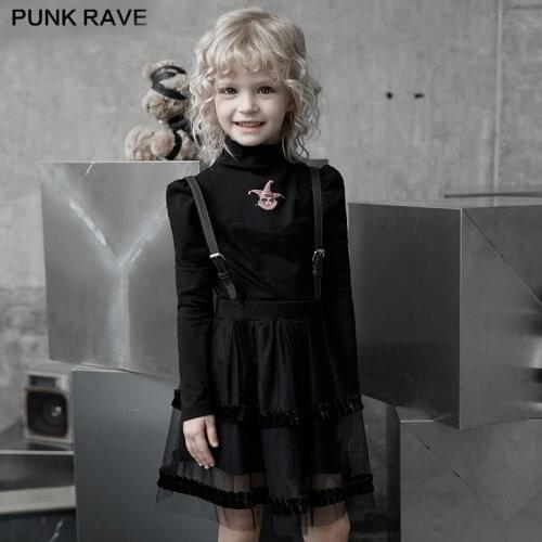 PUNK RAVE Childrens Gothic Girl Clothing Little Princess Sleeve Base Top "Magic Doll" Clown Printvelvet Knitted Casual T-shirt