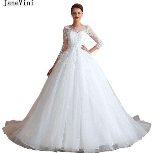 JaneVini Elegant A Line White Long Princess Wedding Dress with Sleeves Appliques Sequins Sheer Back Tulle Plus Size Bridal Gowns