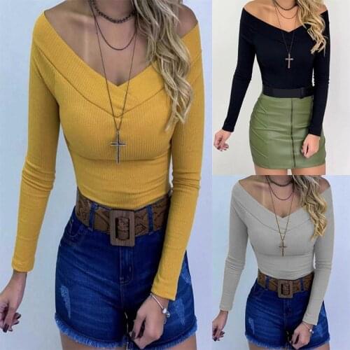 2020 Spring Womens Long Sleeve T Shirt Tops V-Neck Sexy Slim Women Shirts Pop Fashion Camiseta Mujer Elegant Womens Tops