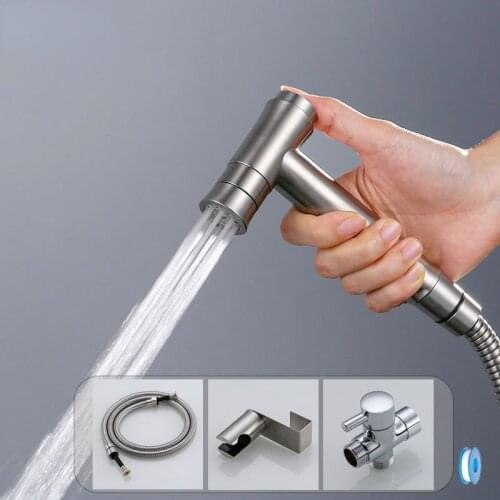 One Key Press Double Function Bathroom Toilet Bidet Faucet Kit Stainless Steel Brushed Bidet Sprayer Set Mount on Tank or Wall